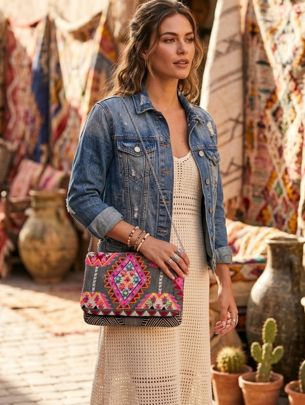 America And Beyond Embroidered And Beaded Boho Clutch Purse On Chain